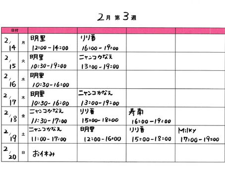 2月第3週~第4週のスケジュールです