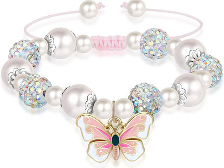 Artlunar Pink Pearl Butterfly Bracelet for Girls, Adjustable Sliding Knot (5.2”-9”) Stainless Steel & Pearl Charm – Kids Birthday Gift Jewelry for Daughter, Granddaughter, Niece
