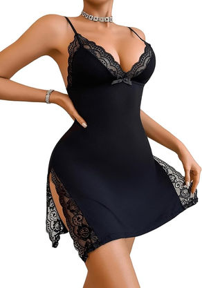 ADOME Womens Lingerie Sexy Nighty Lace Trim Night Gown Chemise Nightgowns for Women Sleepwear with Side Slit XS-XXL