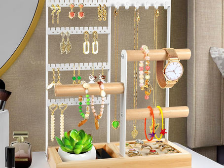 Godboat Jewelry Organizer, 4-Tier Earring Holder Organizer with 48 Holes, 6 Hooks Necklace Rack, Bracelet and Ring Stand with Wood Box, Gifts for Mothers Mom Women, Preppy Stuff & Room Decor, (White)