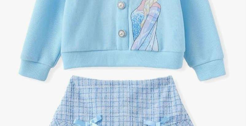 Disney Frozen Elsa Stitch Princess Moana Minnie Toddler Girl 2 Piece Outfit Kid Pearl Button Knit Top & Tweed Skirt Set 2-13Y