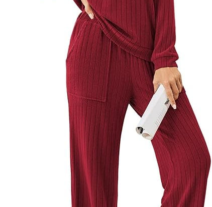Ekouaer Lounge Sets for Women Ribbed Knit Pajama Sets 2 Piece Long Sleeve Pjs Soft Loungewear Outfits with Pockets