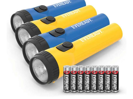 EVEREADY LED Flashlights (4-Pack), Bright Flashlights for Emergencies and Camping Gear, Flash Light with AA Batteries Included, Blue/Yellow (4-Pack)