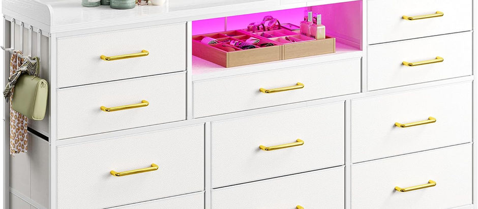 White Dresser for Bedroom with LED Lights & Charging Station & 4 Hooks 11 Drawer Dressers & Chests of Drawers Long Fabric Dresser TV Stand for 50 55 60 inch TV for Entryway 11.8"D x 47.2"W x 31.5"H