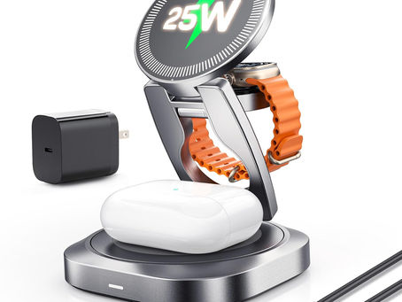 Qi2.2 25W 3-in-1 Wireless Charger for iPhone 17/16 Series, Foldable Wireless Charging Station Compatible with MagSafe, 360° Swivel Zinc Alloy Base for Apple Watch & AirPods (45W Adapter Included)