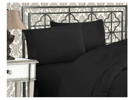 Elegant Comfort Luxurious 1500 Premium Hotel Quality Microfiber Three Line Embroidered Softest 4-Piece Bed Sheet Set, Wrinkle and Fade Resistant, Queen, Black
