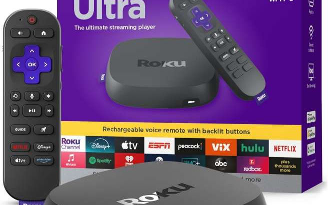 Roku Ultra - Ultimate Streaming Player - 4K Streaming Device for TV with HDR10+, Dolby Vision & Atmos - Bluetooth & Wi-Fi 6- Rechargeable Voice Remote Pro with Backlit Buttons - Free & Live TV