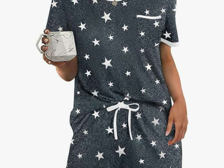 ⭐ Ekouaer Pajama Set for Women 2 Piece Lounge Set Short Sleeve Tops and Shorts Soft Sleepwear, Chest Pocket