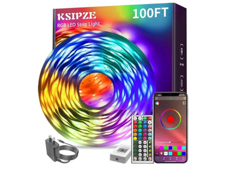 KSIPZE 100ft Led Strip Lights RGB Music Sync Color Changing Bluetooth Led Lights with Smart App Control Remote Led Lights for Bedroom Room Lighting Flexible Home Décor