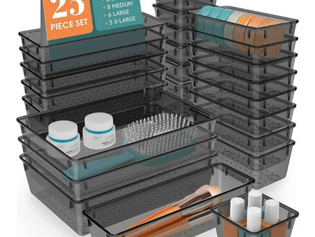 WOWBOX 25 PCS Plastic Drawer Organizer Set, Desk Drawer Divider Organizers and Storage Bins for Makeup, Jewelry, Gadgets for Kitchen, Bedroom, Bathroom, Office, Black