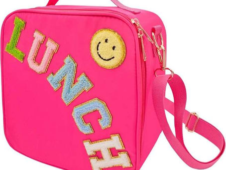 Insulated Lunch Bag With Adjustable Shoulder Strap, Nylon Preppy Lunch Box Large Insulated Lunch Bag Reusable Lunch Tote Bag with Smiley Preppy LunchBag for Girls School Travel Picnic (Rosy Red)