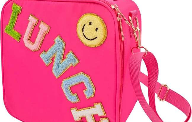 Insulated Lunch Bag With Adjustable Shoulder Strap, Nylon Preppy Lunch Box Large Insulated Lunch Bag Reusable Lunch Tote Bag with Smiley Preppy LunchBag for Girls School Travel Picnic (Rosy Red)