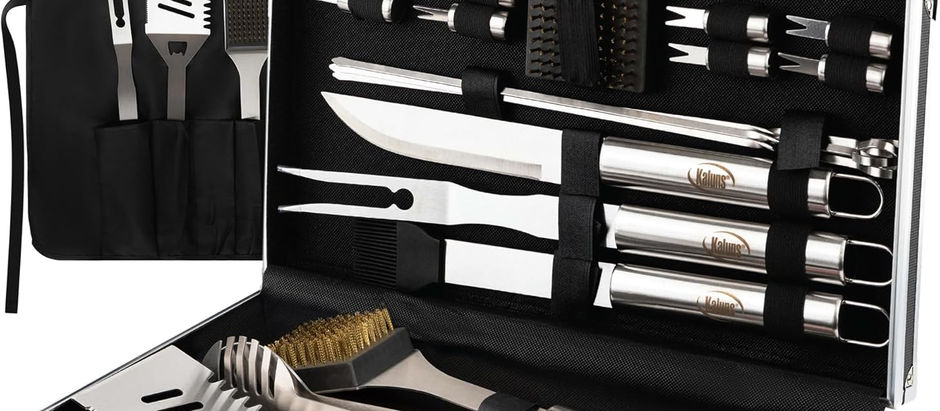 Kaluns Grilling Accessories, Dad Gifts for Fathers Day, Mothers Day Grilling Gifts, Heavy Duty Stainless Steel BBQ Tool Set for Outdoor Grill with Aluminum Case and Apron, Birthday Gifts for Men