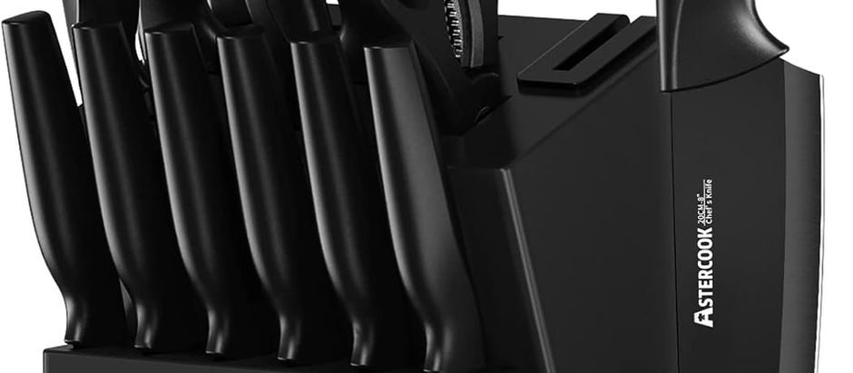 Astercook Knife Set, Kitchen Knife Set with Built-in Sharpener Block, Dishwasher Safe, 15 Pieces German Stainless Steel Knife Block Set, Black