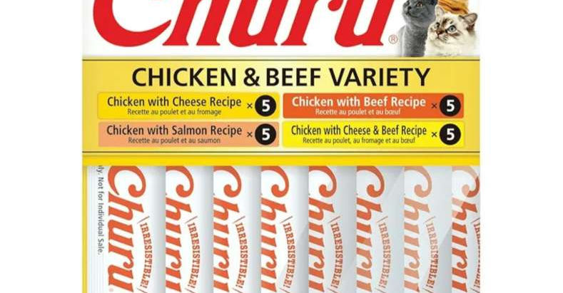 INABA Churu Cat Treats, Grain-Free, Lickable, Squeezable Creamy Purée Cat Treat/Topper with Vitamin E & Taurine, 0.5 Ounces Each Tube, 20 Tubes, Chicken & Beef Variety Box