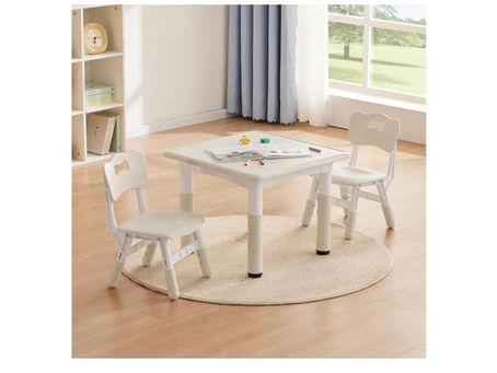 Kids Study Table and Chairs Set, Height Adjustable Toddler Table and Chair Set for Kids Ages 3-8, 23.6" L x 23.6" W Graffiti Desktop Plastic Children Art Table with 2 Seats, Burlywood