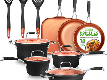 NutriChef 14-Piece Nonstick Kitchen Cookware Set – PFOA/PFOS-Free, Copper/Hard-Anodized, Induction Compatible, Stackable, Luxury Design, Includes Pots, Pans, Jumbo Cooker, Griddle, and Utensils