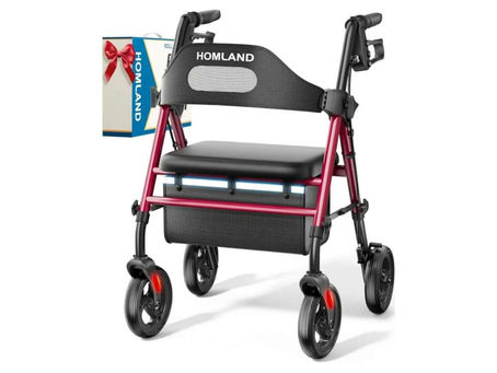 Foldable Rollator Walkers with Seat for Seniors, 8'' Big Wheels, 350 lb. Weight Capacity, Adjustable Handles and Seat Height, Lightweight Rolling Walker, Red