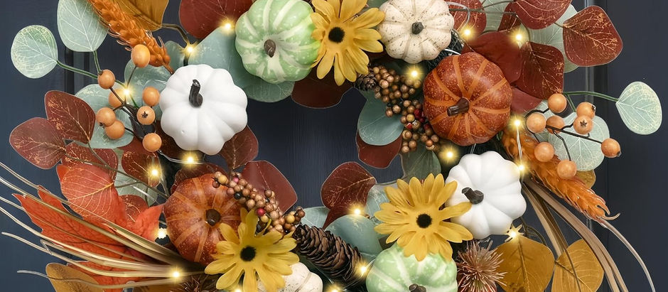 Valery Madelyn Fall Wreath with Lights for Front Door, 18" Autumn Door Wreath with White Pumpkins Silk Maple Leaves, Outdoor Fall Halloween Decorations for Home Porch Thanksgiving Harvest Table Decor