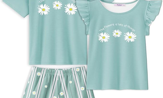 Arshiner Girls Pajamas Set Short Sleeve Pjs Sleepwear 3PCS Summer Lounge Sets Nightwear