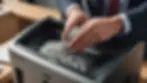 Close-up view of a secure document shredder in use