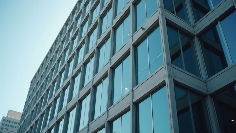 Close-up view of a modern office building reflecting the sky