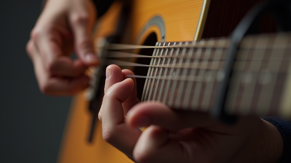 Close-up view of a guitar fretboard with fingers pressing down on strings