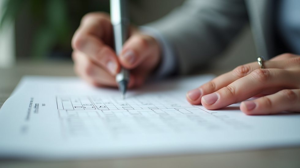 Eye-level view of a person writing on a coaching intake form with a pen