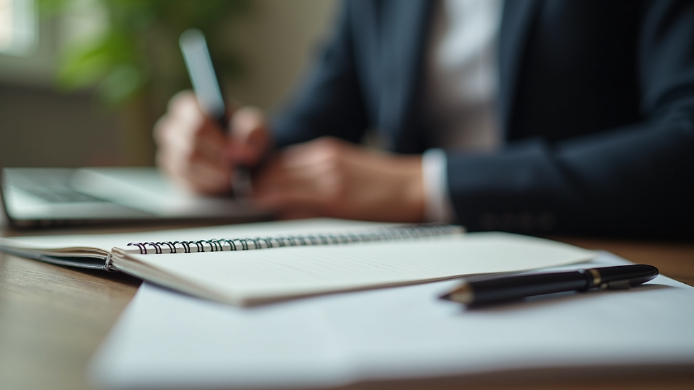 Close-up view of a person writing notes in a journal with a laptop nearby