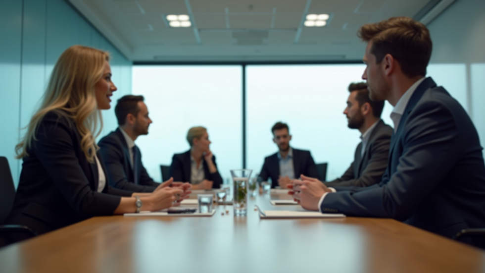 Eye-level view of a conference room with a team discussing change management strategies