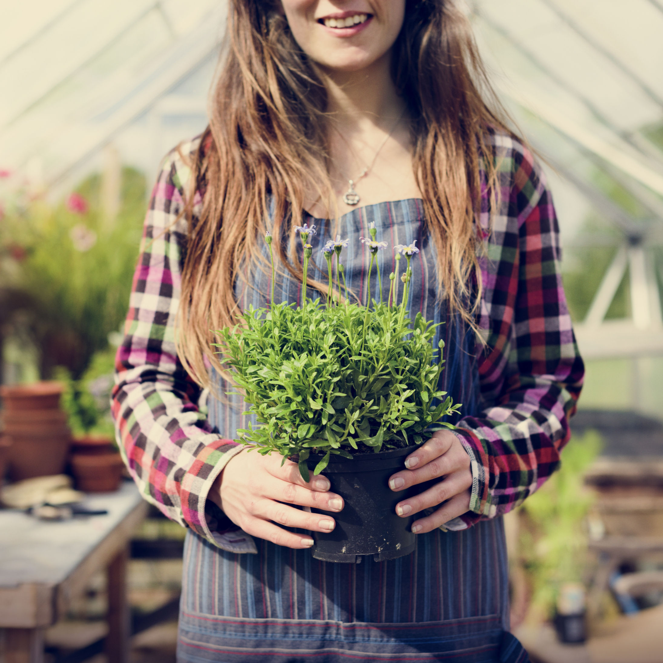 Girl standing while holding a small plant.  
