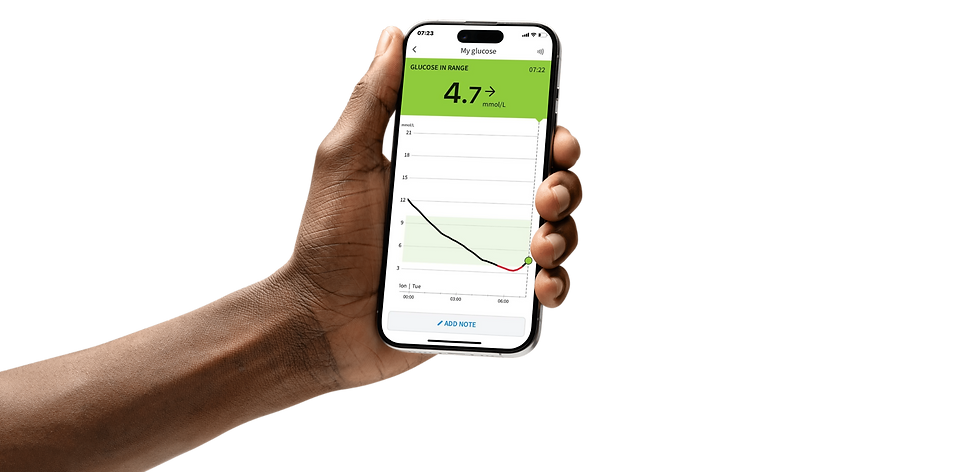a type 1 diabetic patient on follow up with Dr. Ebrahim Yusuf EBrahim who is a diaebetologist, thyroid specialist and endocrinolgist holding up his phone showing real me glucose readings on a freestyle libre 2 plus Continuous Glucose Monitor (CGM)