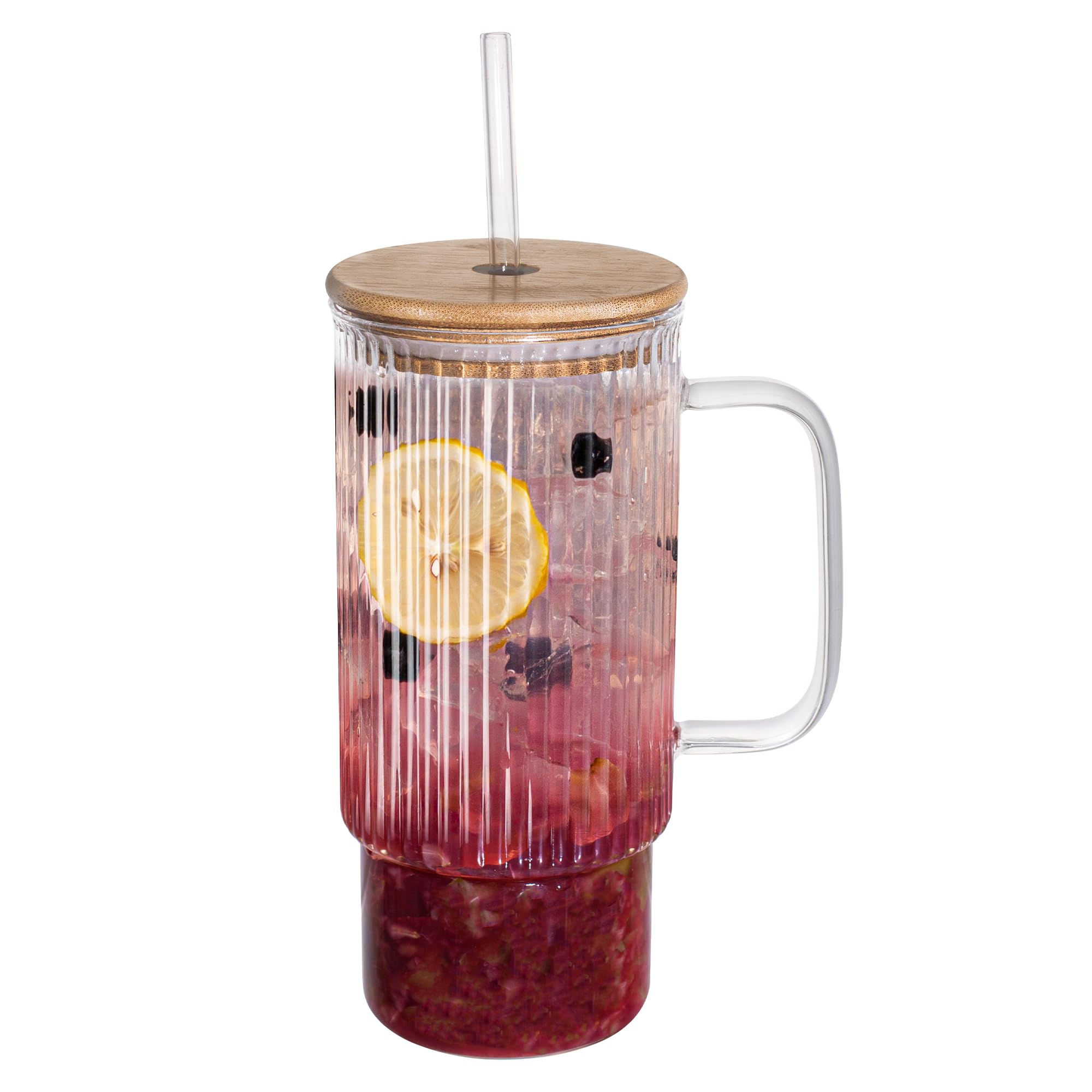 erichbow 32oz Ribbed Glass Cup with Handle Bamboo Lid and Straw Glass Tumbler Ic
