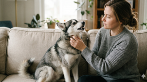 A woman rubbing a Klee Kai's throat.