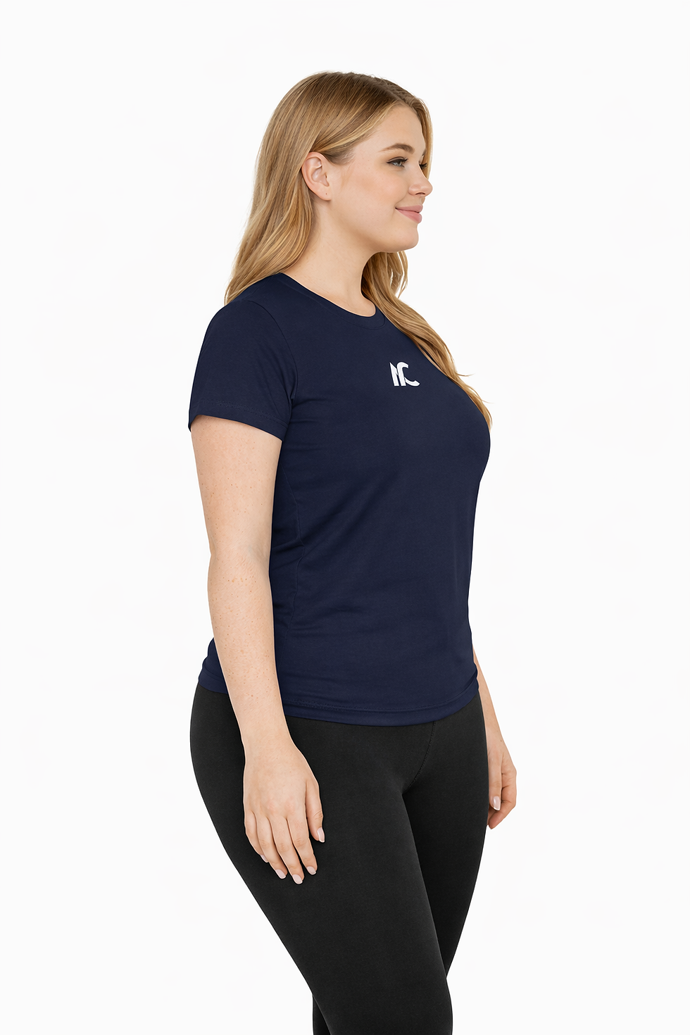 women’s workout t-shirt side view showing slim athletic fit and lightweight performance fabric