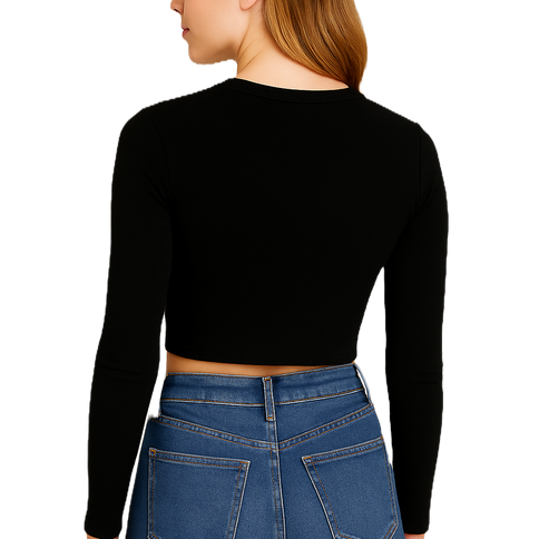 Back view of women’s long sleeve crop top in black, fitted athletic crop top for training and casual wear