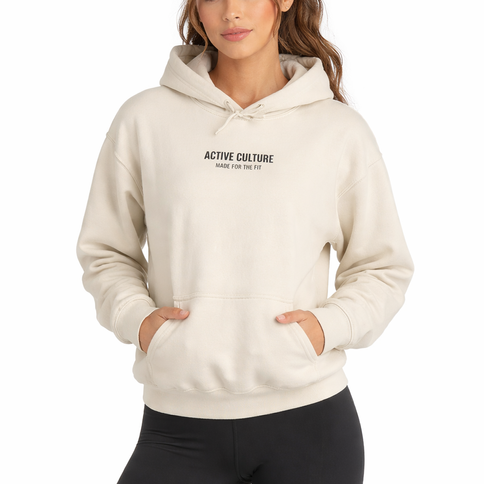Woman wearing unisex fitness hoodie with kangaroo pocket and relaxed fit, Active Culture gym hoodie