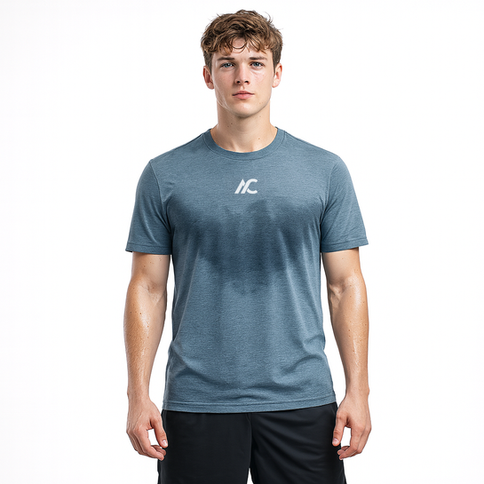 Sweat activated gym shirt in heather silver with AC logo on the chest, unisex workout t-shirt designed for training and fitne