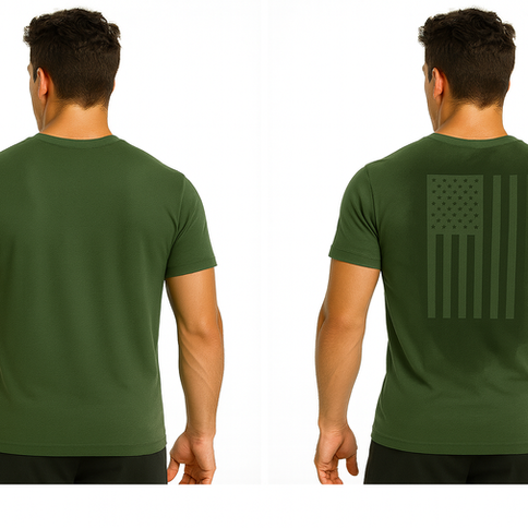 Before and after sweat activated t shirt showing hidden USA flag design on athletic performance tee