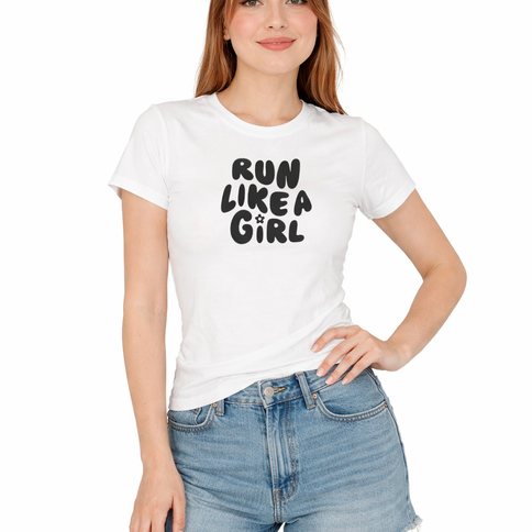Running t-shirt for women featuring “Run Like a Girl” graphic on a lightweight white athletic tee