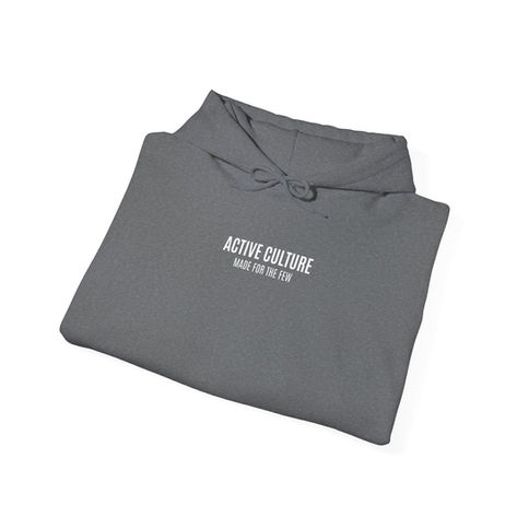 Unisex fitness hoodie in heather gray featuring Active Culture logo on chest, heavyweight cotton-poly blend
