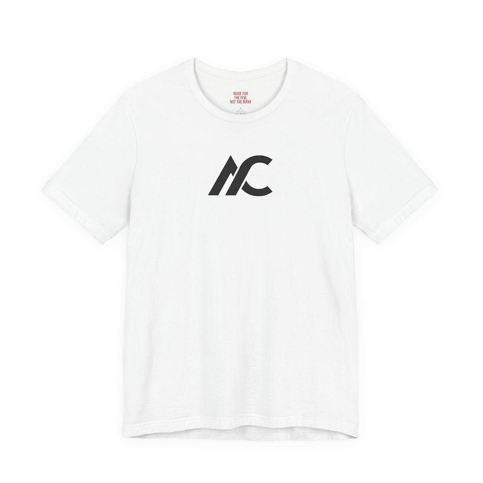 White men’s workout t-shirt with centered AC core logo, minimalist gym t-shirt front view