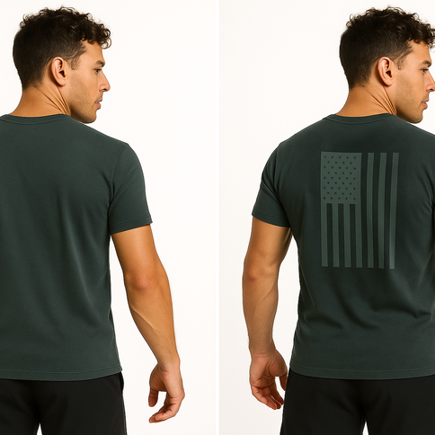 Before and after comparison of sweat activated gym shirt showing hidden vertical USA flag design revealed when the shirt beco