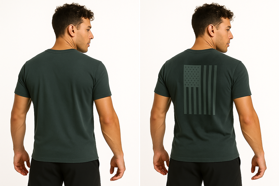 Before and after comparison of sweat activated gym shirt showing hidden vertical USA flag design revealed when the shirt beco