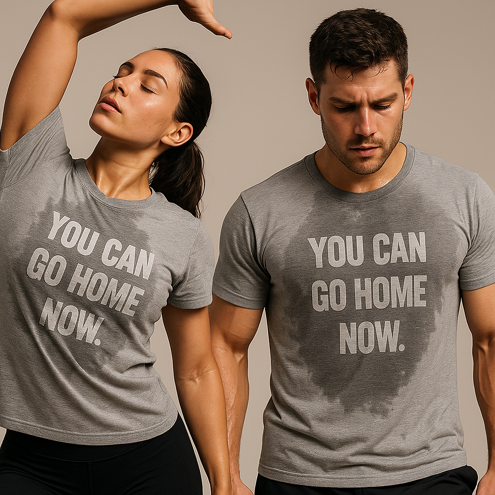 Man and woman wearing sweat-activated shirts with 'You Can Go Home Now' message revealed during workout