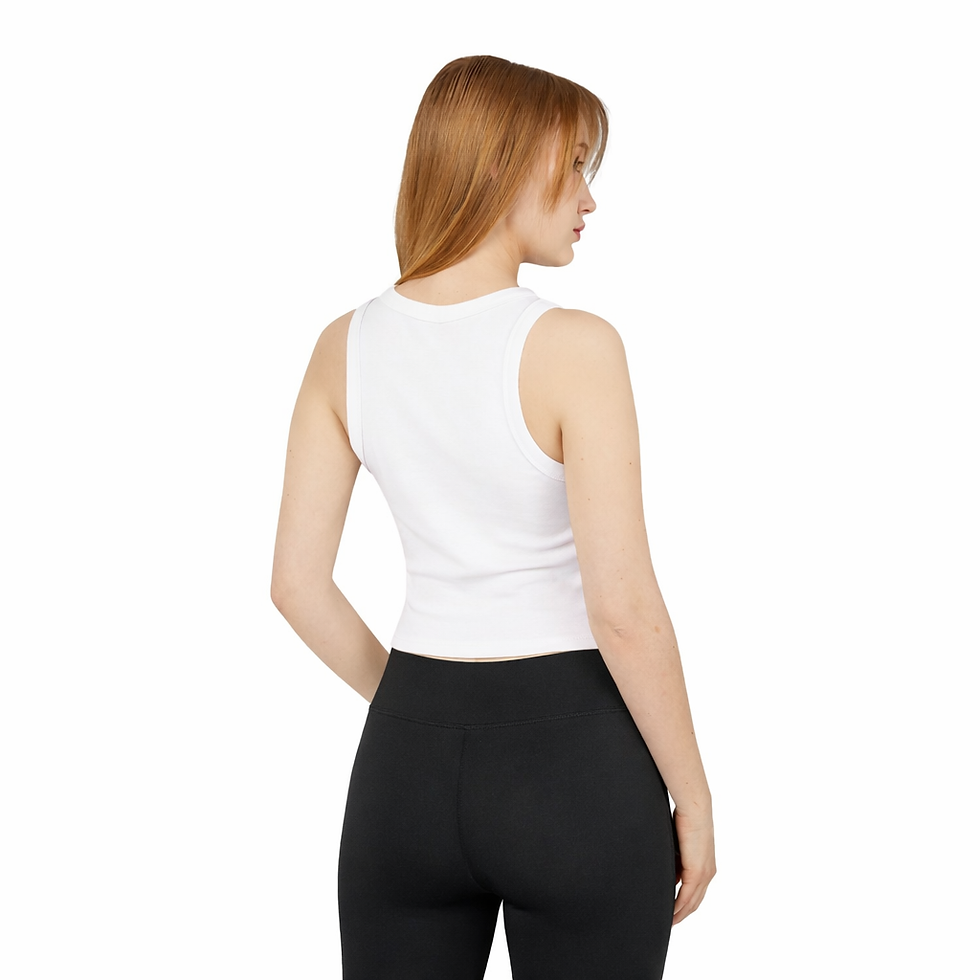 Back view of women’s white athletic crop tank with racerback fit and stretch micro rib fabric
