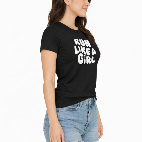 Women’s running t shirt side view featuring Run Like a Girl graphic, fitted workout tee for women