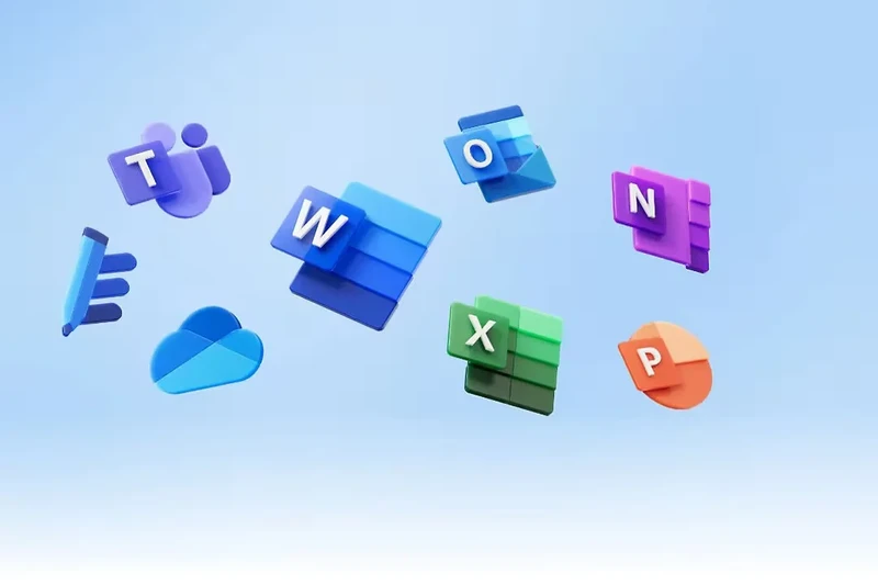 microsoft office icons are floating in the air