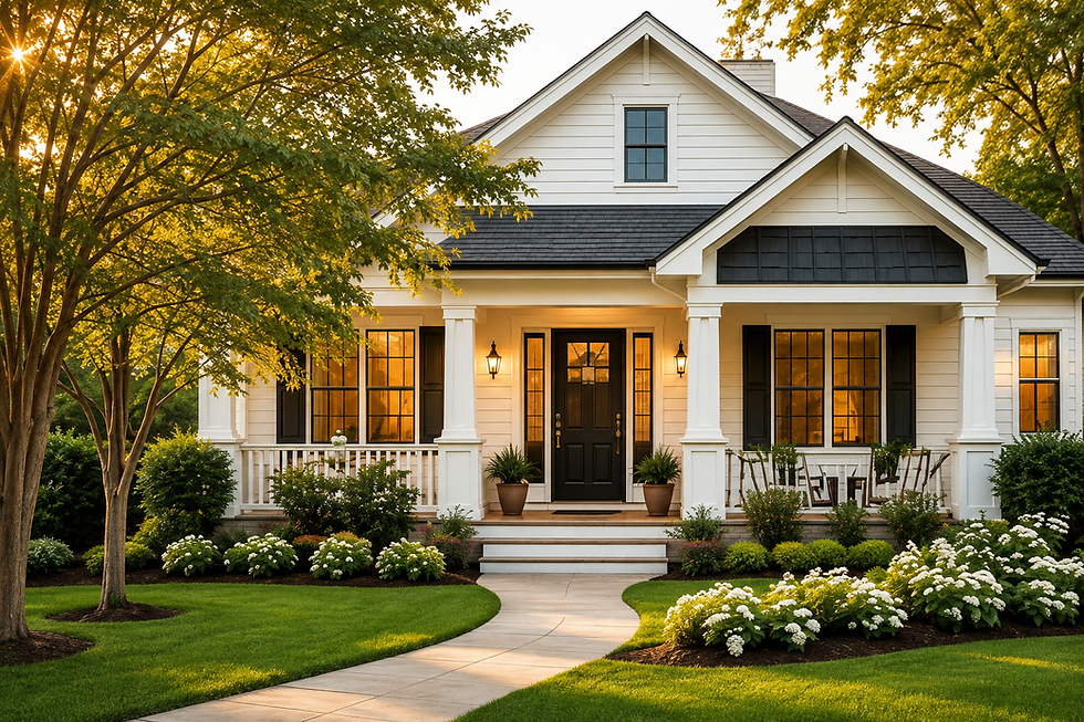 Small white cottage with black shutters and front porch.