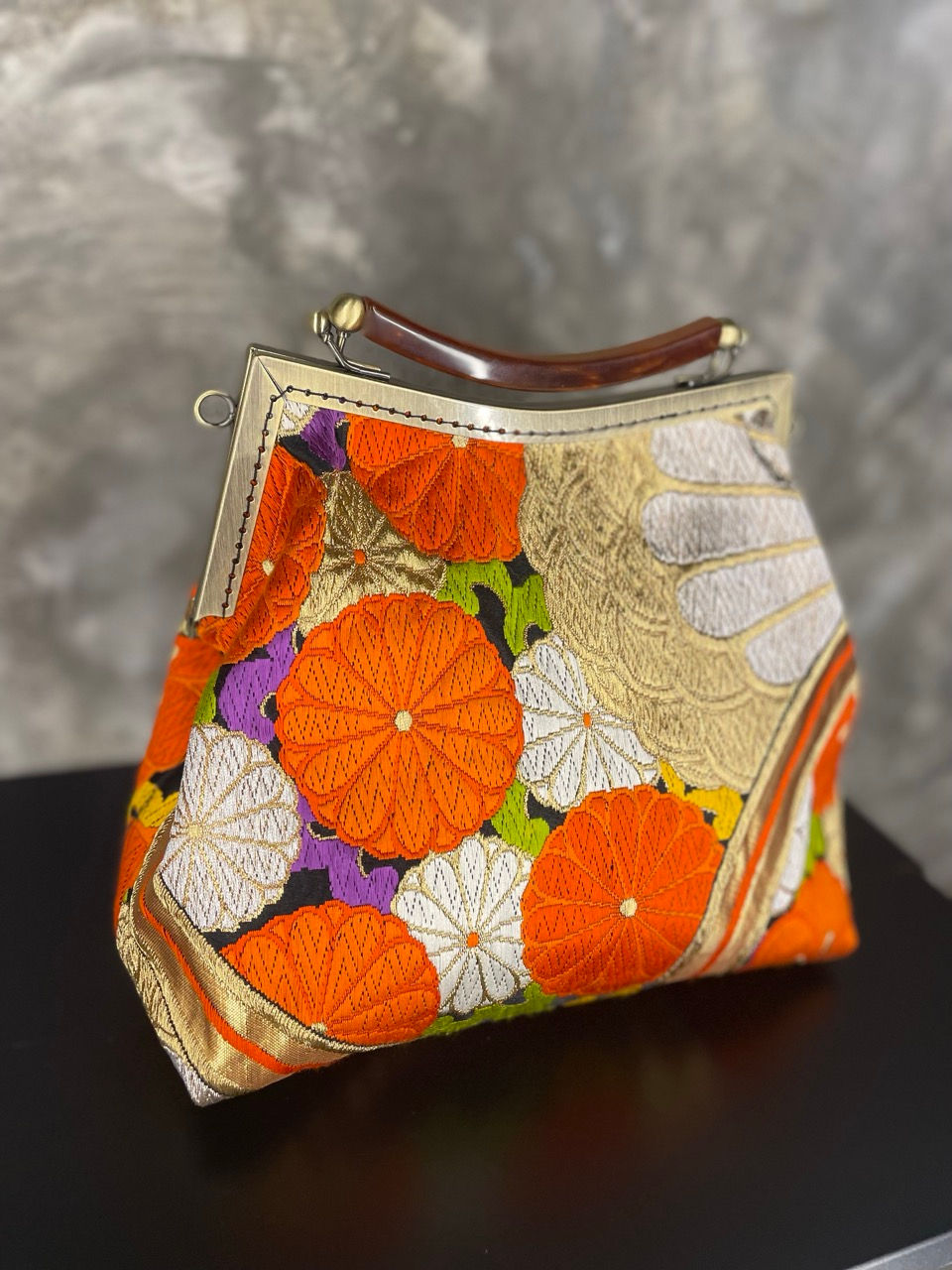 Thumbnail: Kimono Gamaguchi Bag – Sakura Gold Obi / G-038